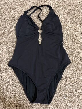 Black One-Piece Swimsuit with Front Ring Detail - Unbranded